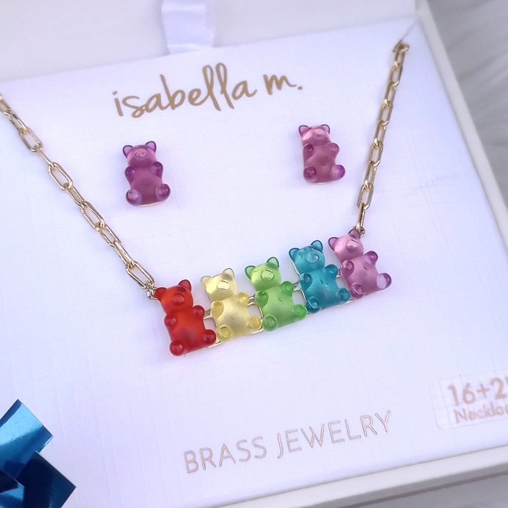 2-Piece! Isabella M. Rainbow Gummy Bear Candy Necklace & Earrings Set